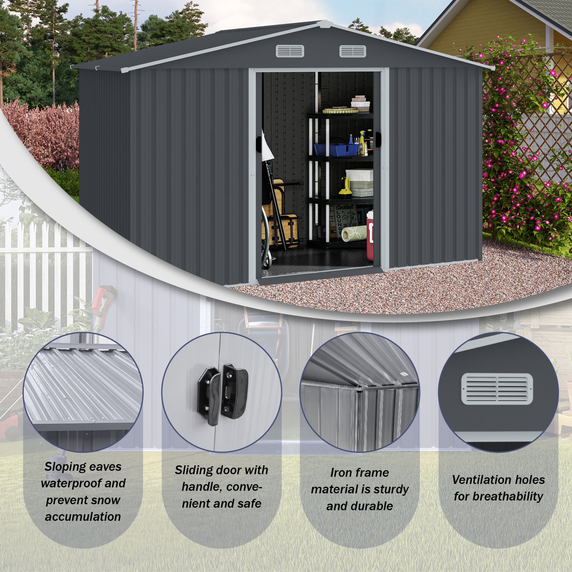 Large Metal Outdoor Storage Shed 8 0 Ft With Sliding Doors And Air Vent Steel Construction - Gray - Image 4