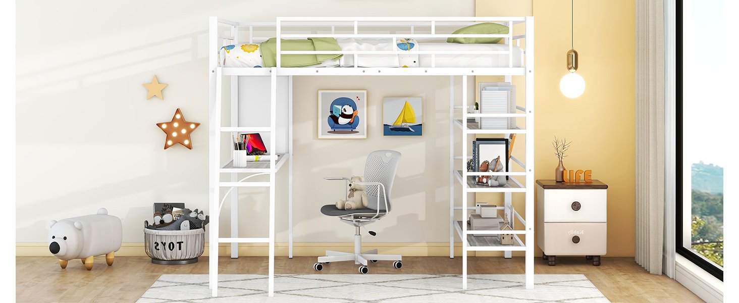 Full Size Loft Bed With 3 Layers Of Shelves And Desk, Stylish Frame Bed - White - Image 15