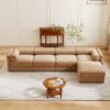 Modular Sectional Sofa With Storage Cylindrical Backrest And Armrests Deep Comfortable Seating Chenille 4 Seat L Shaped Sofa - Camel - Image 10