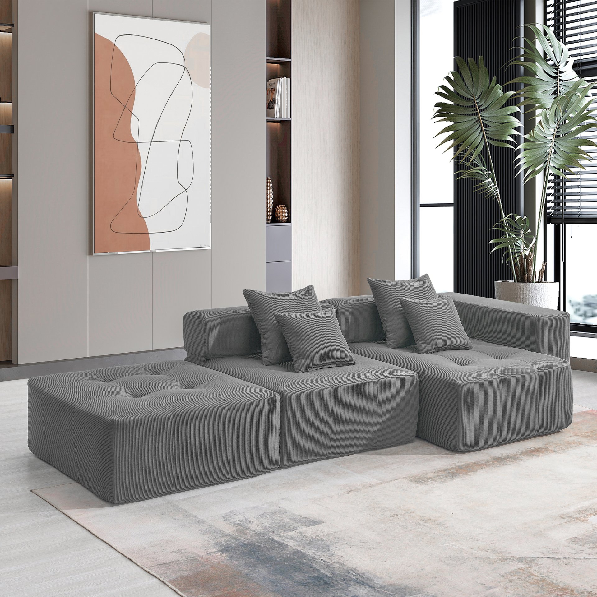 3 Piece Free Combination L Shaped Modular Sectional, Minimalist Floor Couch Set, Convertible Foam Filled Cloud Compressed Couch For Living Room - Gray - Image 2