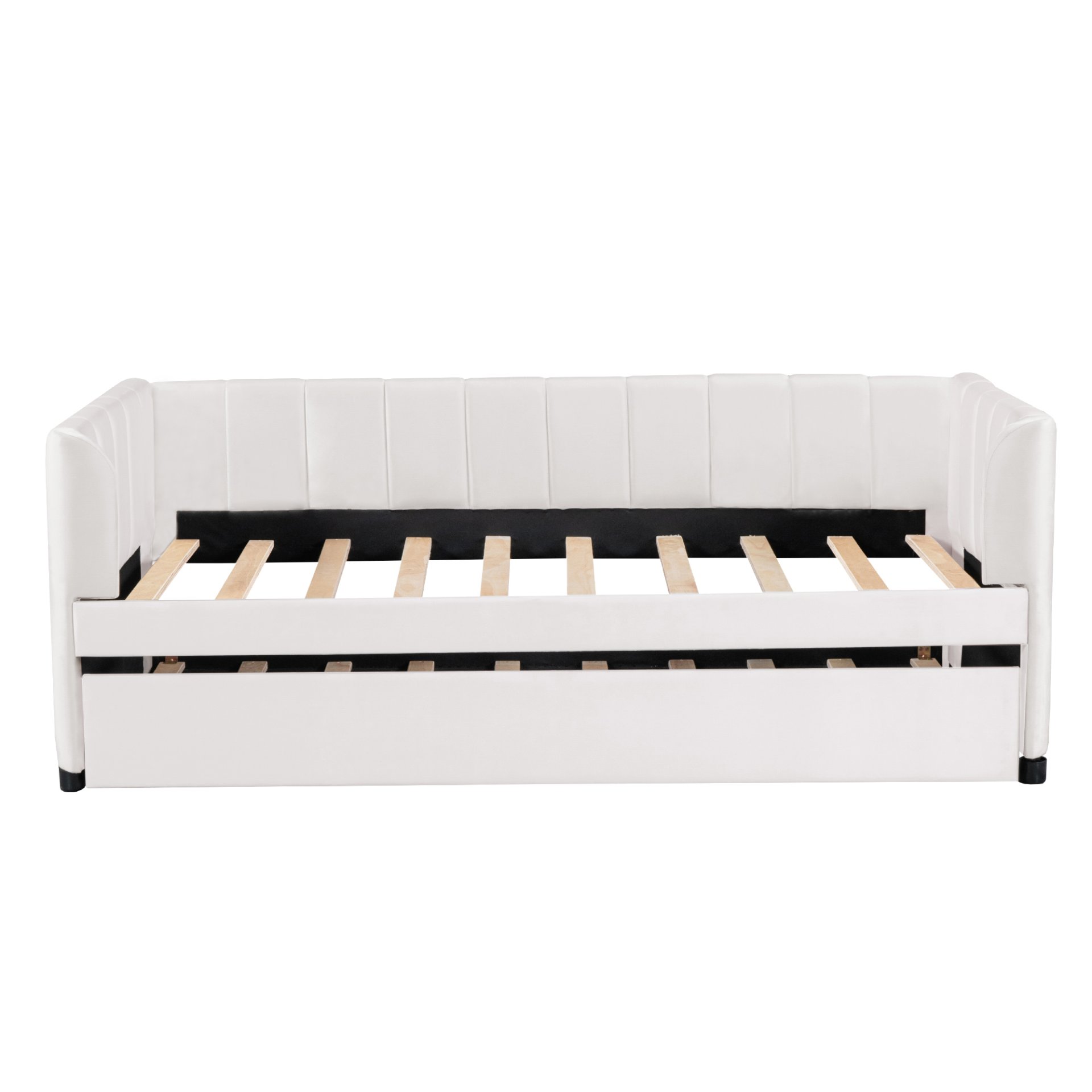 Twin Size Upholstered Daybed With Ergonomic Design Backrest And Trundle - Beige - Image 3