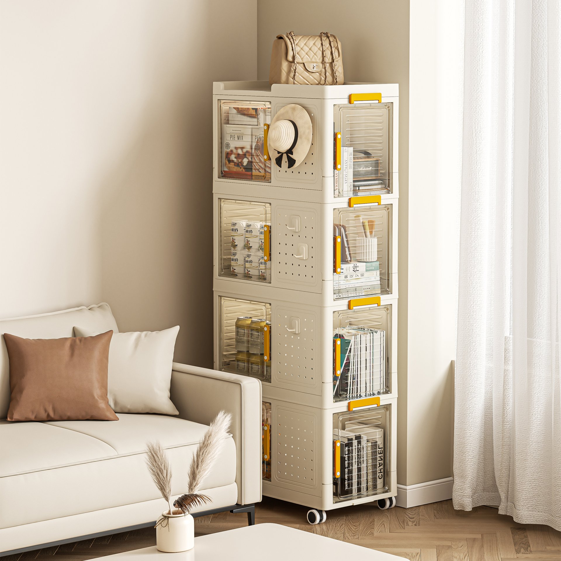 4 Tier Rolling Storage Bookcase With Wheels And Large Capacity Storage Bins - Cream - Image 2