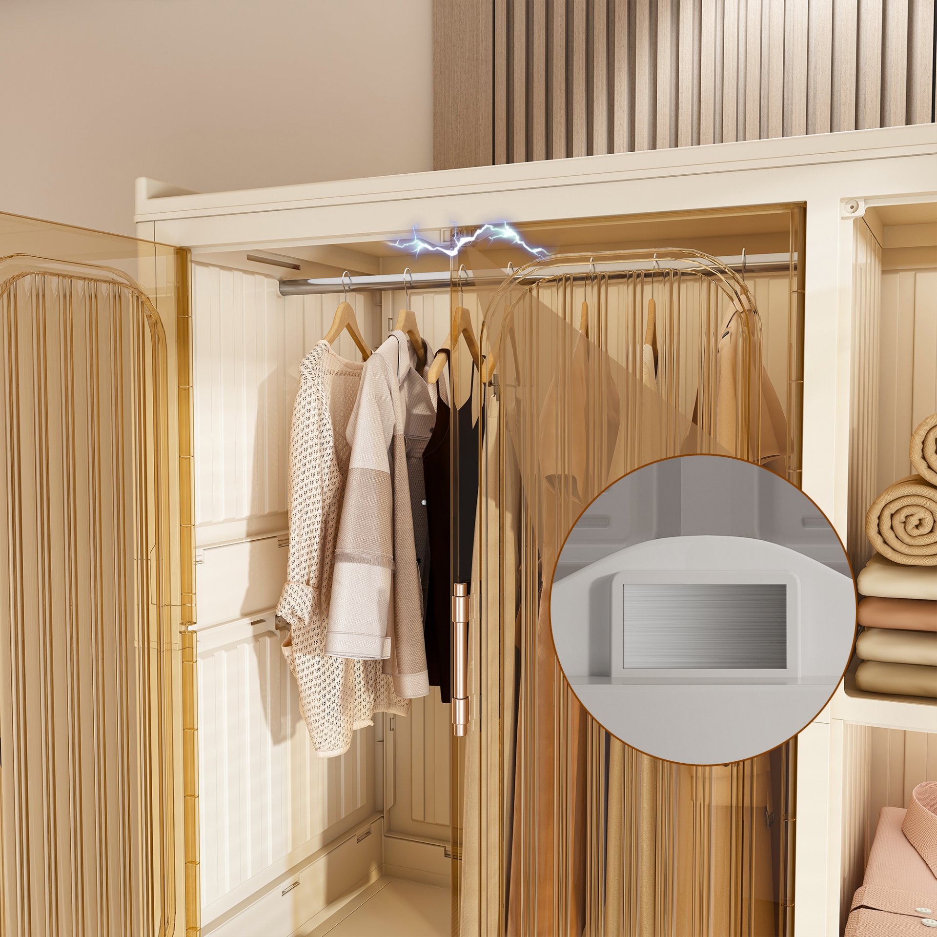 Portable Wardrobe Closet Storage Organizer For Clothes, 9 Magnetic Doors With 9 Cubes & 2 Hanging Rods, 6 Hangers - Cream White - Image 12