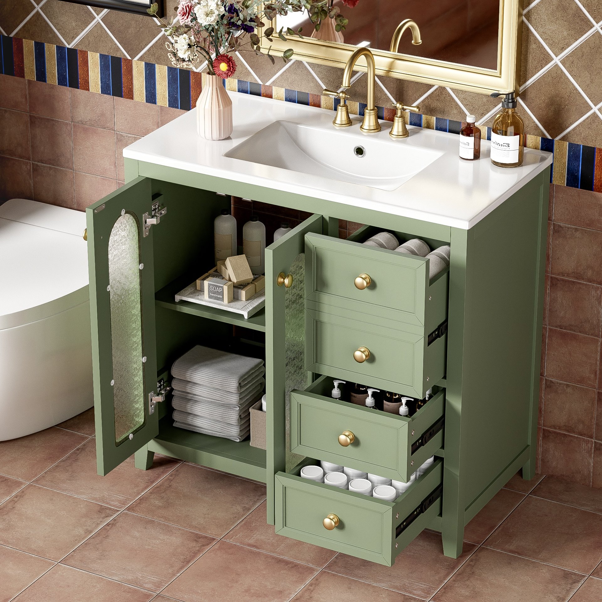 Bathroom Vanity With Two Soft Close Doors, Adjustable Shelves And Three Drawers - Green - Image 2