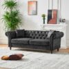 Chesterfield Sofa, High Tech Fabric Roll Armrest, 3 Seater Mid Century Modern Couch - Black - Image 5