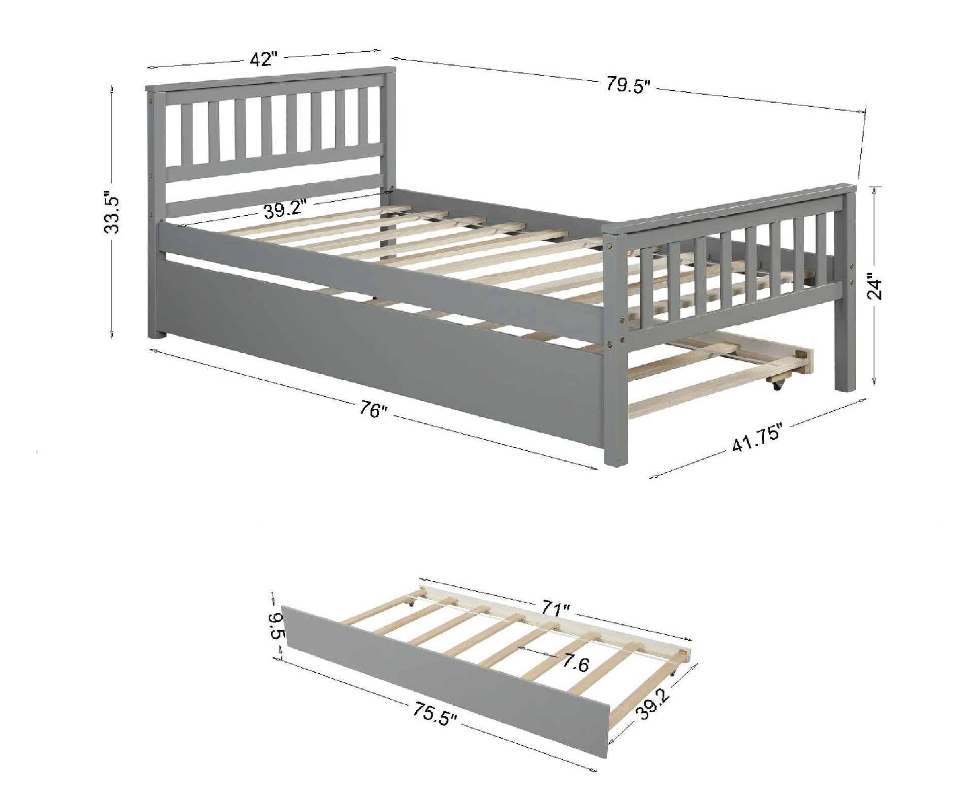 Twin Bed With Trundle, Platform Bed Frame With Headboard And Footboard, For Bedroom Small Living Space, No Box Spring Needed - Gray - Image 15
