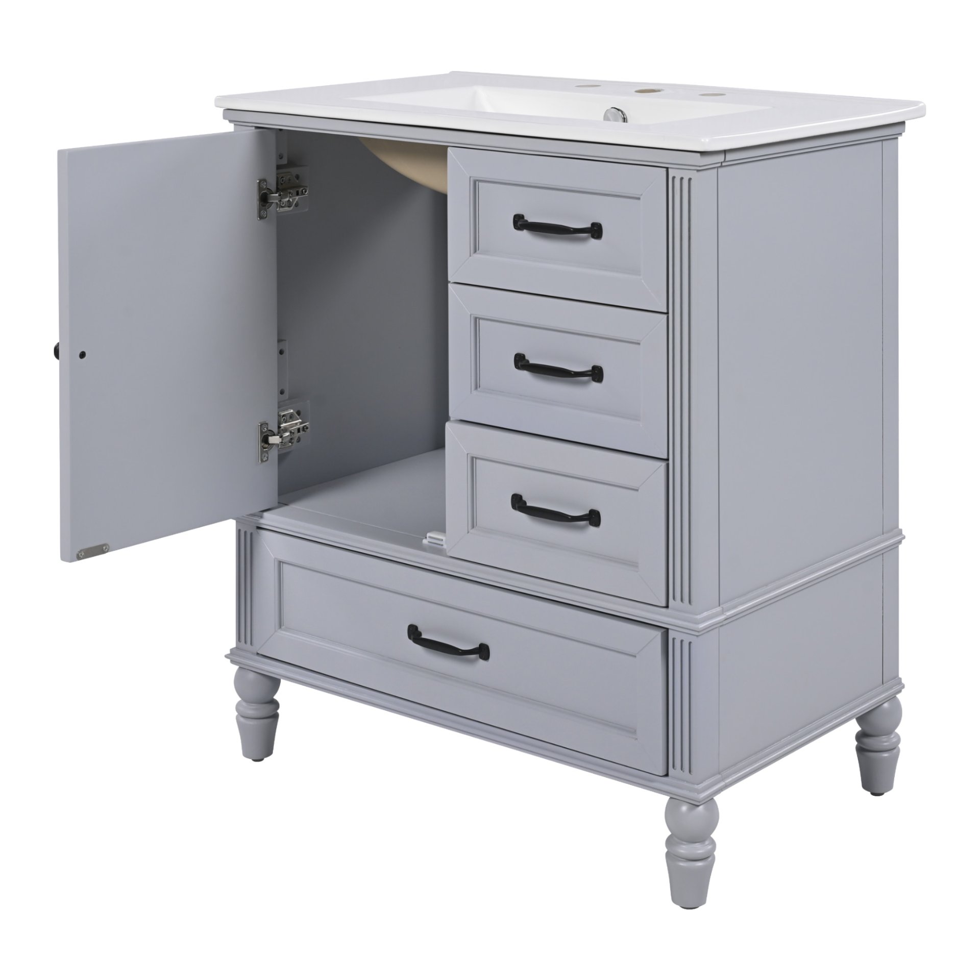 30" Bathroom Vanity With Sink, Bathroom Cabinet With A Door, 3 Drawers Legs, Adiustable Foot Pads - Gray - Image 15