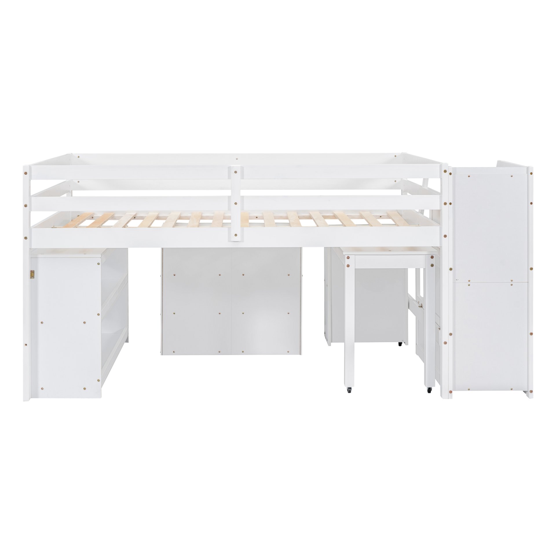 Full Size Loft Bed With Retractable Writing Desk And 3 Drawers With Storage Stairs And Shelves - White - Image 13