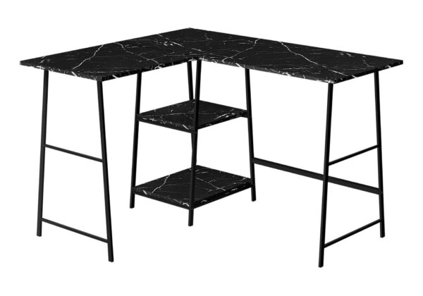 Computer Desk, Home Office, Corner, Storage Shelves, L-Shape, Work, Laptop, Marble Look Laminate, Contemporary, Modern - Black