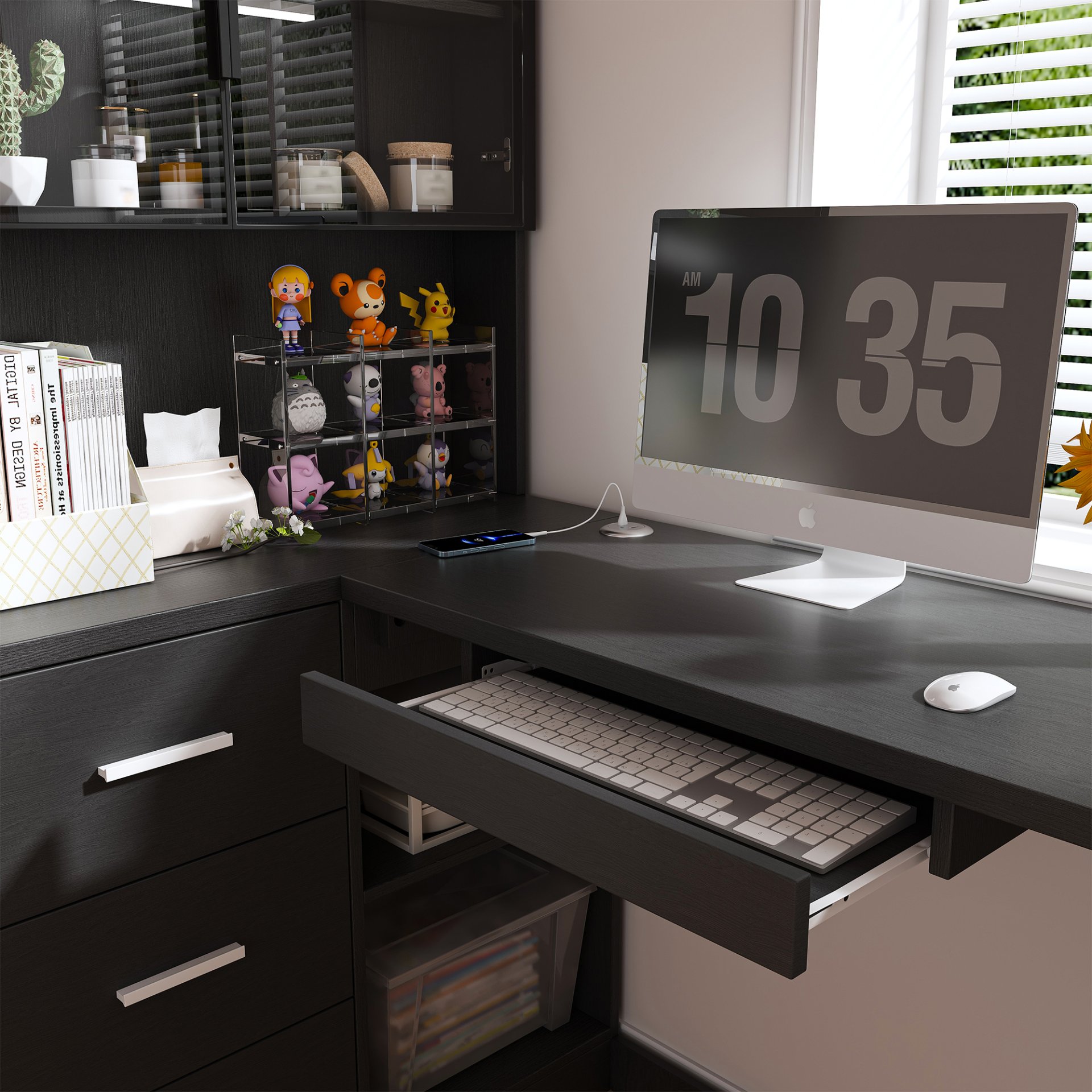 L Shaped Computer Desk With Glass Cabinets, Built In LED Lights, USB Charging Ports, And Keyboard Tray - Black - Image 13
