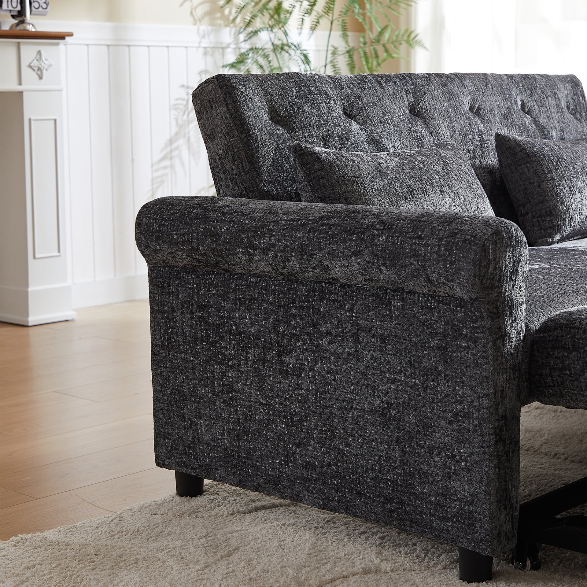 3 In 1 Loveseat Sofa Bed Chenille Fabric Pull Out Couch Sleeper Full Back Frame, Seat Frame, Armrests & 2 Pillows - Dark Gray - Image 11