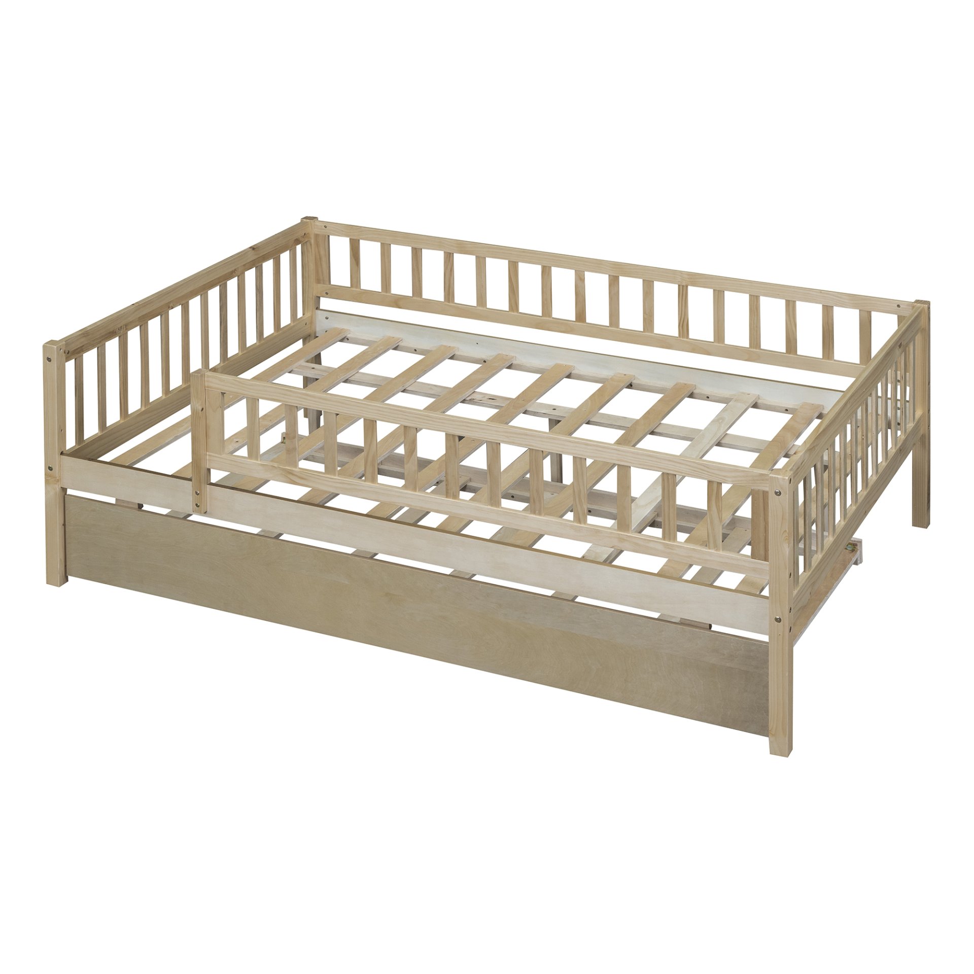 Full Size Daybed With Trundle And Fence Guardrails - Natural - Image 13