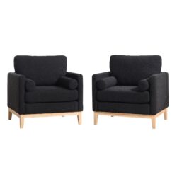 Wide Modern Farmhouse Performance Accent Chair With Natural Wood Legs, Wood Base Reading Armchair Single Sofa With 2 Bolster Pillows For Living Room Offices And Lounge - Black