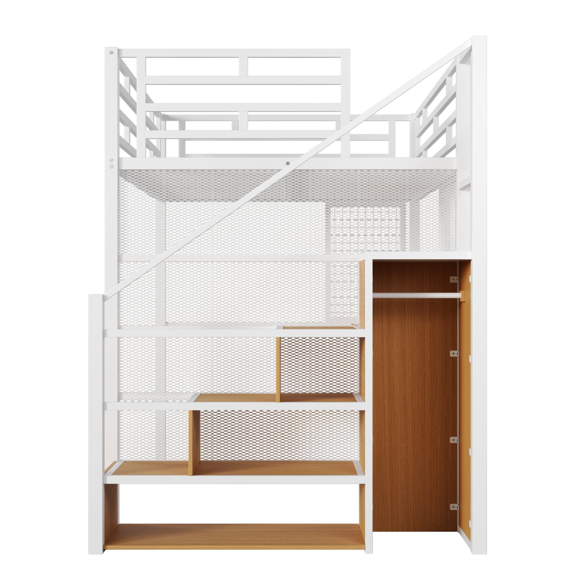 Full Size Metal Loft Bed With Wardrobe, Desk, Storage Shelves - White - Image 8