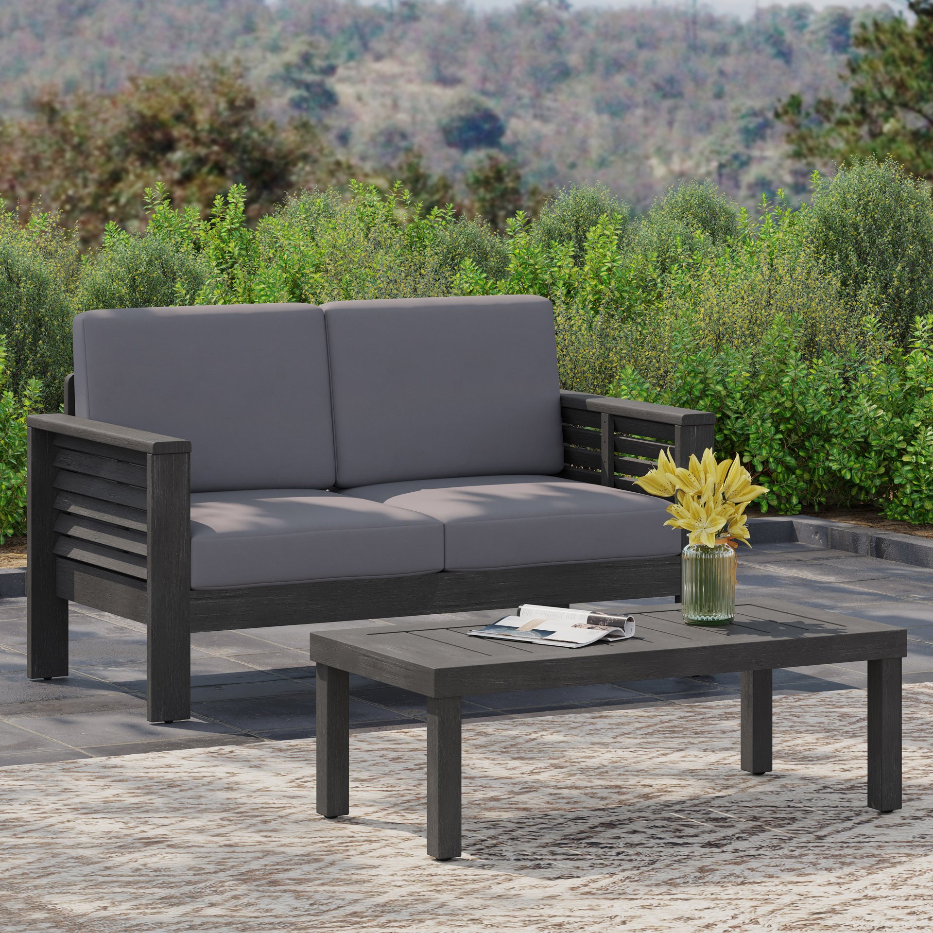 Acacia Wood Outdoor Loveseat And Coffee Table Set With Cushions - Dark Gray - Image 4