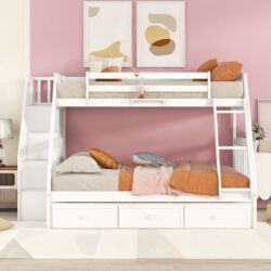 Twin Over Full Bunk Bed With Drawers, Ladder And Storage Staircase - White