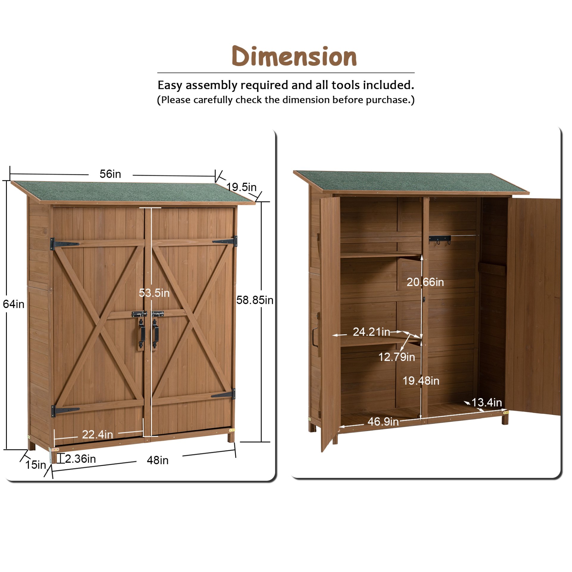 Outdoor Storage Shed With Lockable Door, Wooden Tool Storage Shed With Detachable Shelves & Pitch Roof - Yellow Brown - Image 3