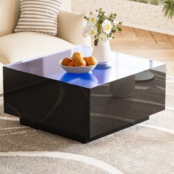 Square High Glossy Coffee Table With 16 Color Led Strip Lights, Modern Center Table With 5Mm Frosted Tempered Glass Top For Living Room - Black