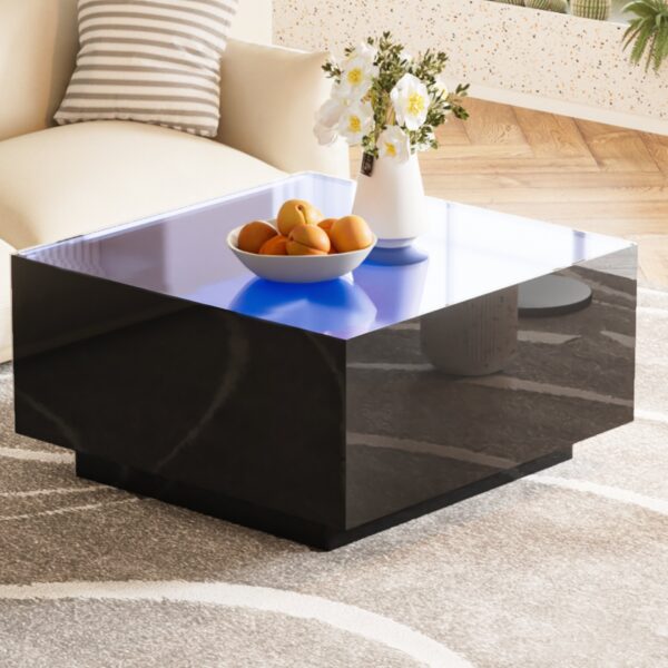 Square High Glossy Coffee Table With 16 Color Led Strip Lights, Modern Center Table With 5Mm Frosted Tempered Glass Top For Living Room - Black