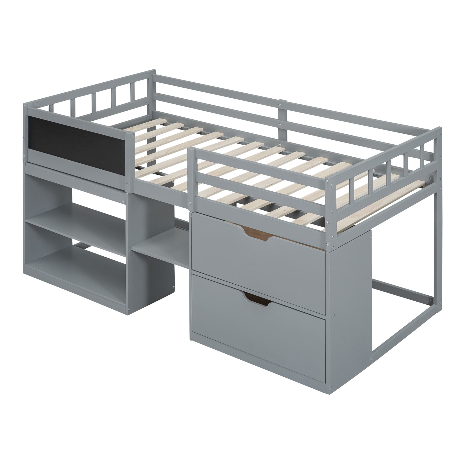 Twin Size Low Loft Bed With Rolling Desk, Shelf And Drawers - Gray - Image 6