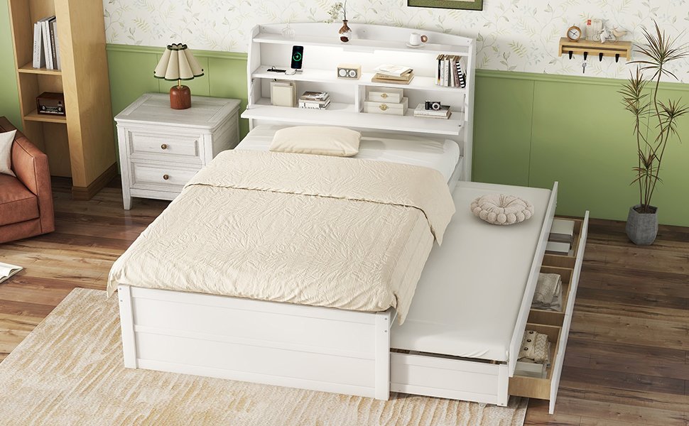 Full Size LED Platform Bed With Trundle With Storage Headboard With Drawers - White - Image 13