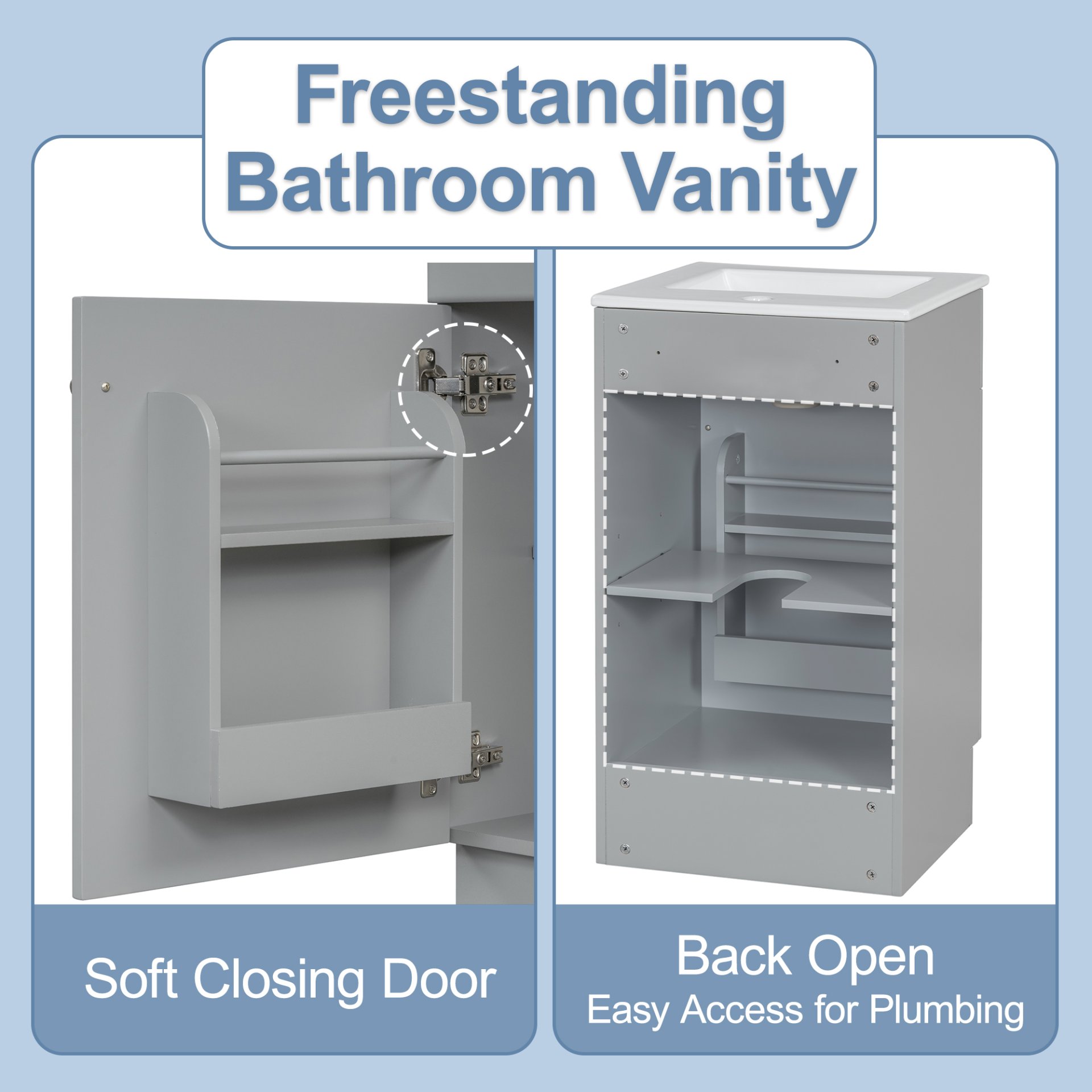 Bathroom Vanity With Sink, Vanity Cabinet With Door Shelf And Adjustable Shelf - Gray - Image 6