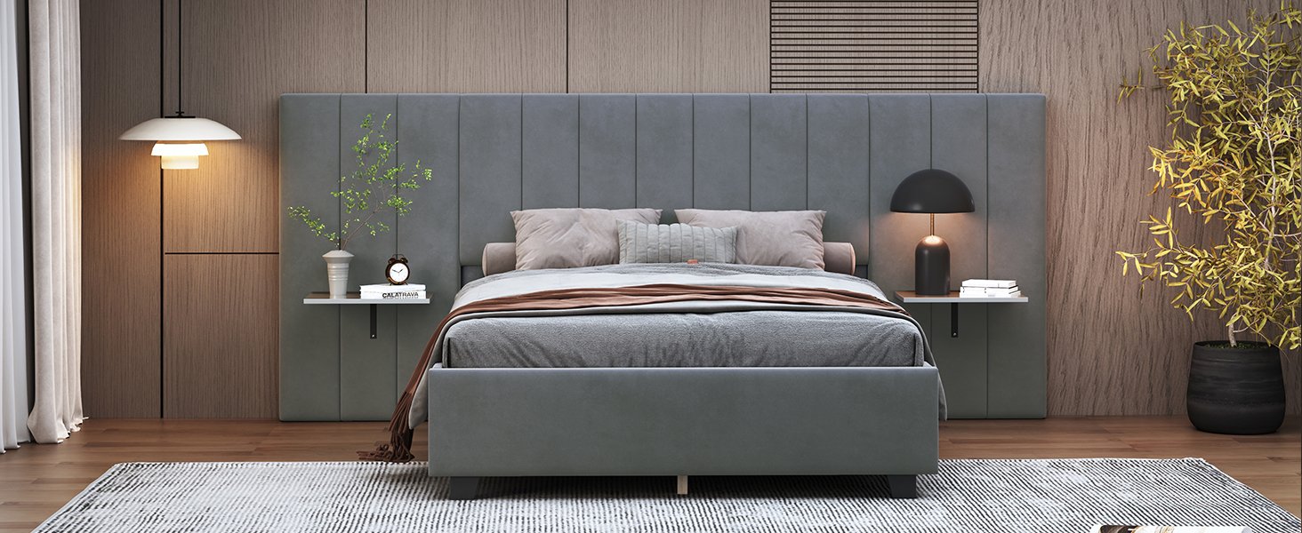 Full Size Upholstered Platform Bed With Big Headboard - Gray - Image 15