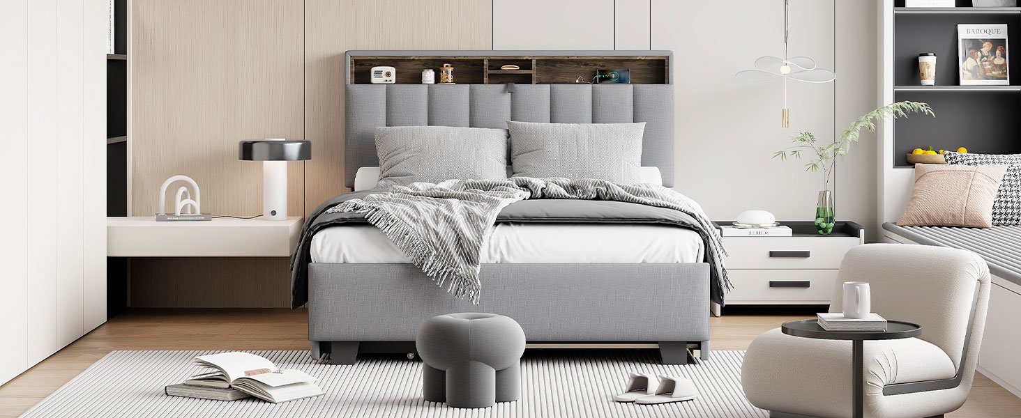Full Size Upholstered Platform Bed With Storage Headboard, Twin Size Trundle & 2 Drawers And A Set Of Sockets & USB Ports - Gray - Image 16