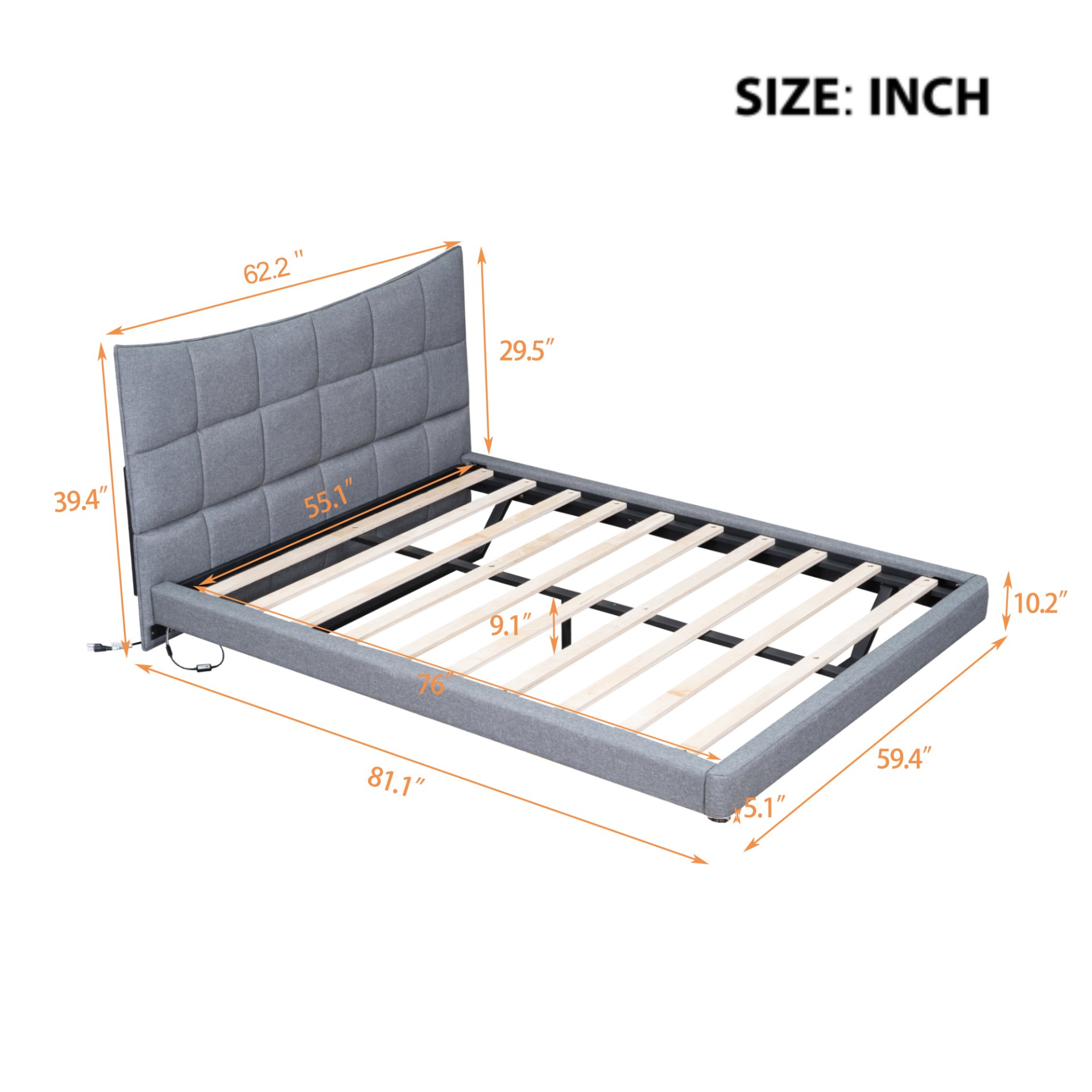 Full Size Upholstered Platform Bed With LED Lights, USB Ports And Outlets - Gray - Image 9