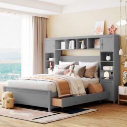 Full Size Bed With All In One Cabinet And Shelf - Gray