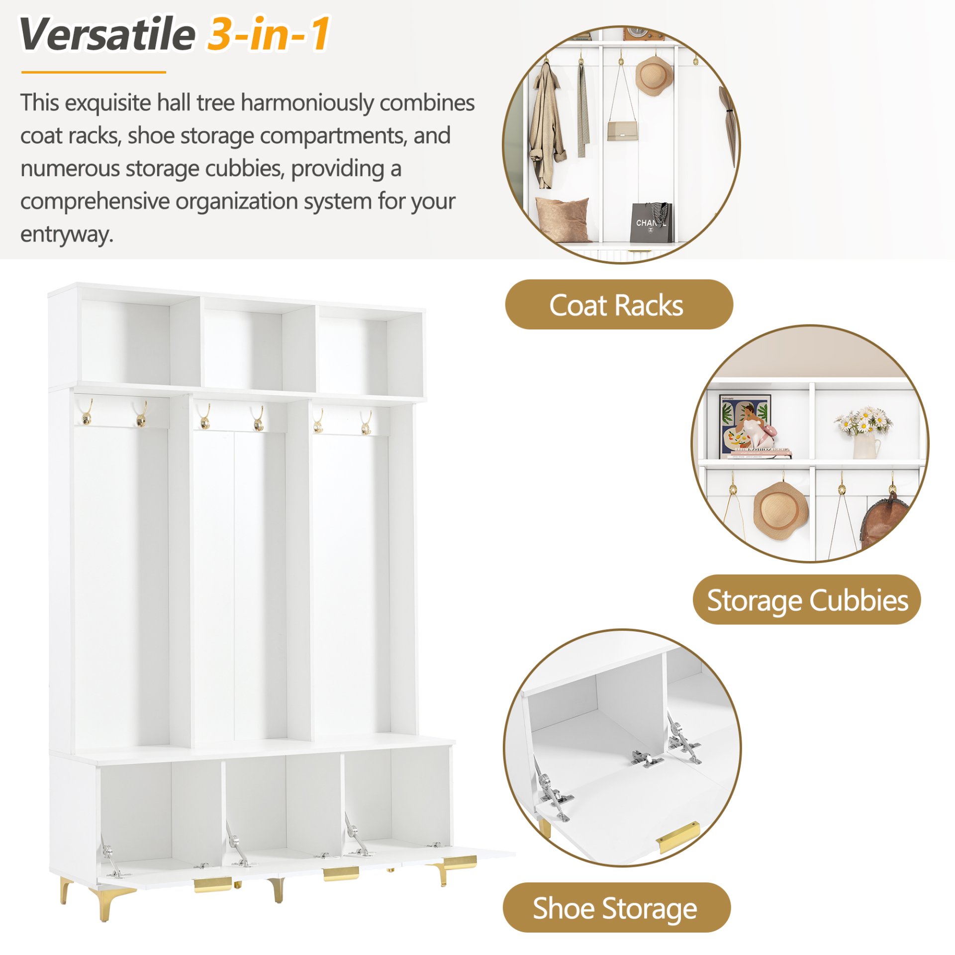 Modern Large Storage Hall Tree With Bench, Luxurious Coat Rack With 6 Hooks And Legs For Entryway, Living Room - White / Gold - Image 5