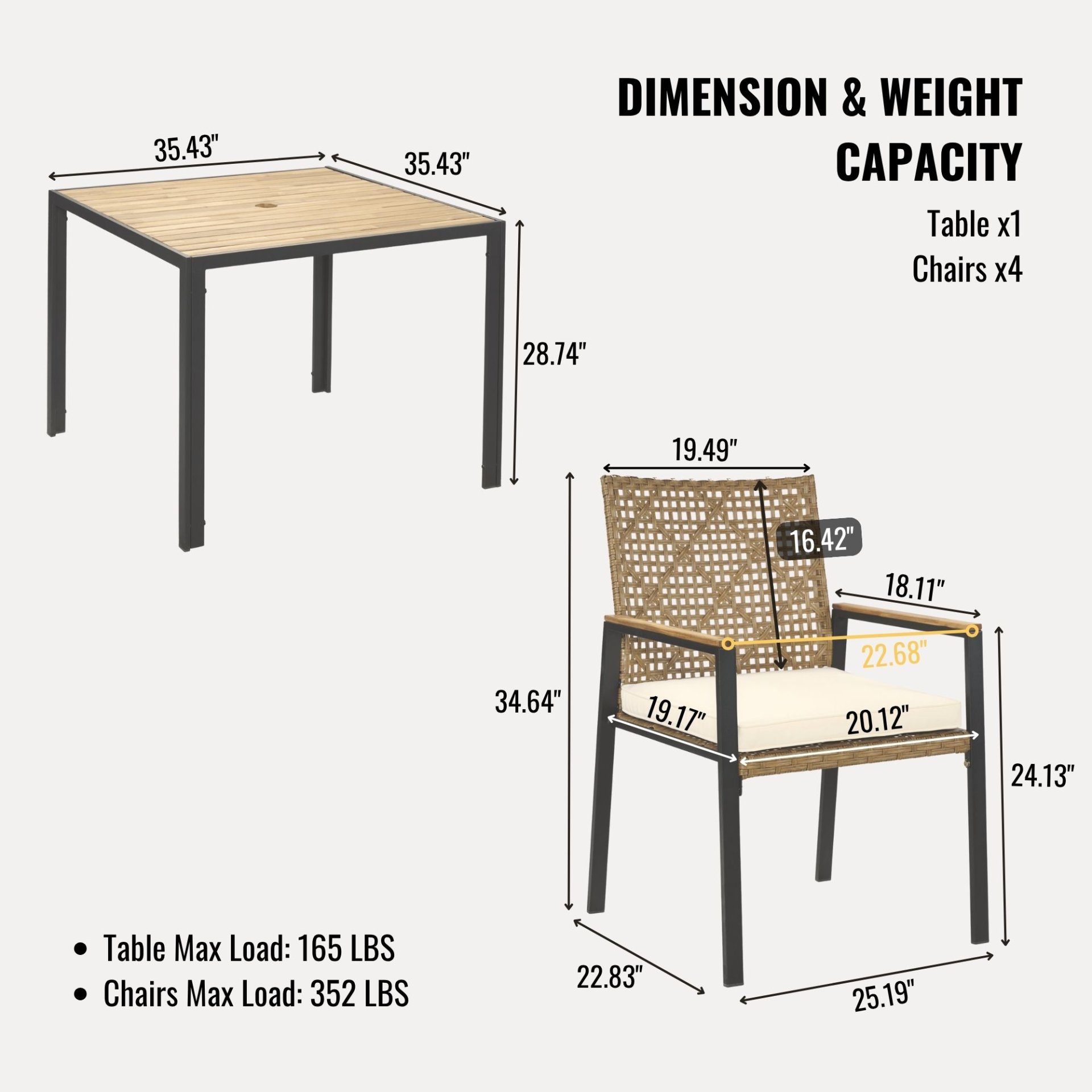 All Weather Patio Dining Table Set With Top And Umbrella Hole - Rattan Outdoor Furniture - Yellow - Image 3