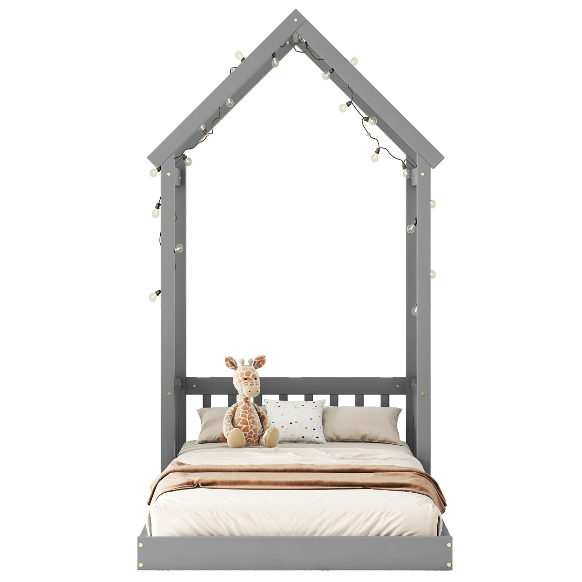 Twin House-Shaped Roof Headboard Floor Bed, (Without Slats) - Gray - Image 13