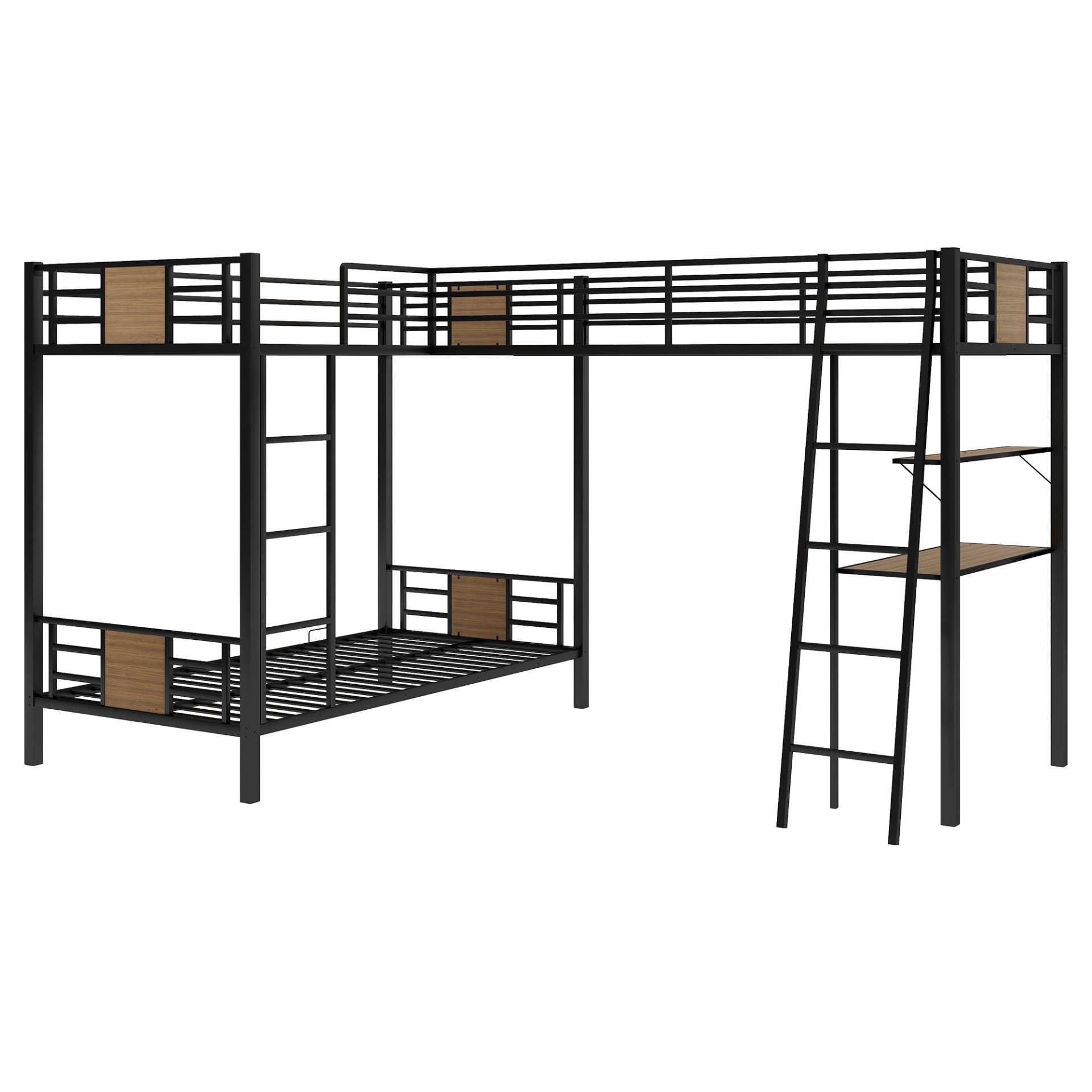 L-Shaped Twin Over Twin Bunk Bed With Twin Size Loft Bed With Desk And Shelf - Brown - Image 6