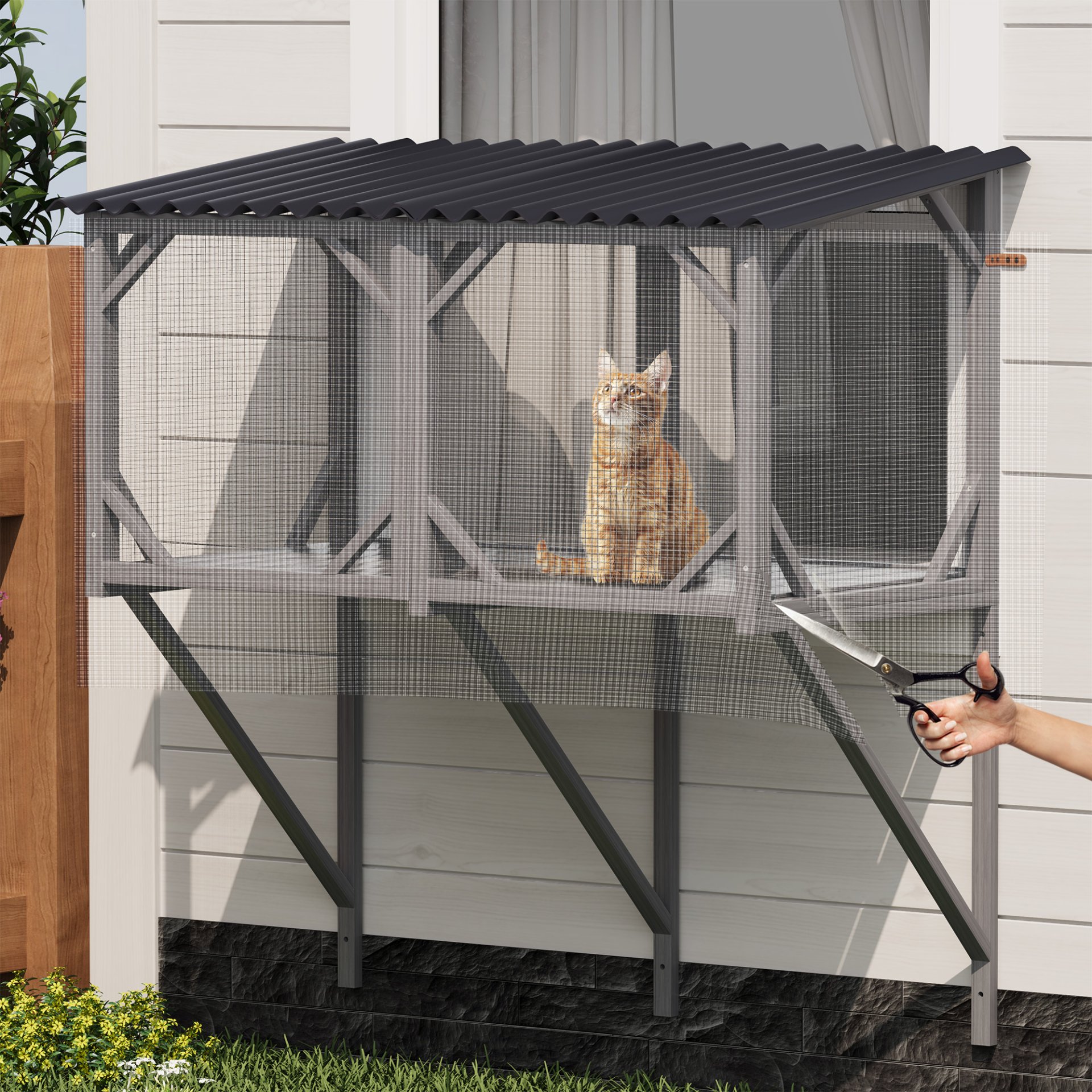 Premium Cat Window Box With Bug Proof Net For Large Indoor Cats Spruce Wood & Polyester - Antique Gray - Image 5
