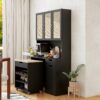 Kitchen Pantry Storage Cabinet, Modern Buffet Cabinet With Kitchen Cart, Tall Kitchen Hutch Cabinet With Microwave Stand, Food Pantry Cabinet With 3 Rattan Doors And Adjustable Shelves - Black - Image 5