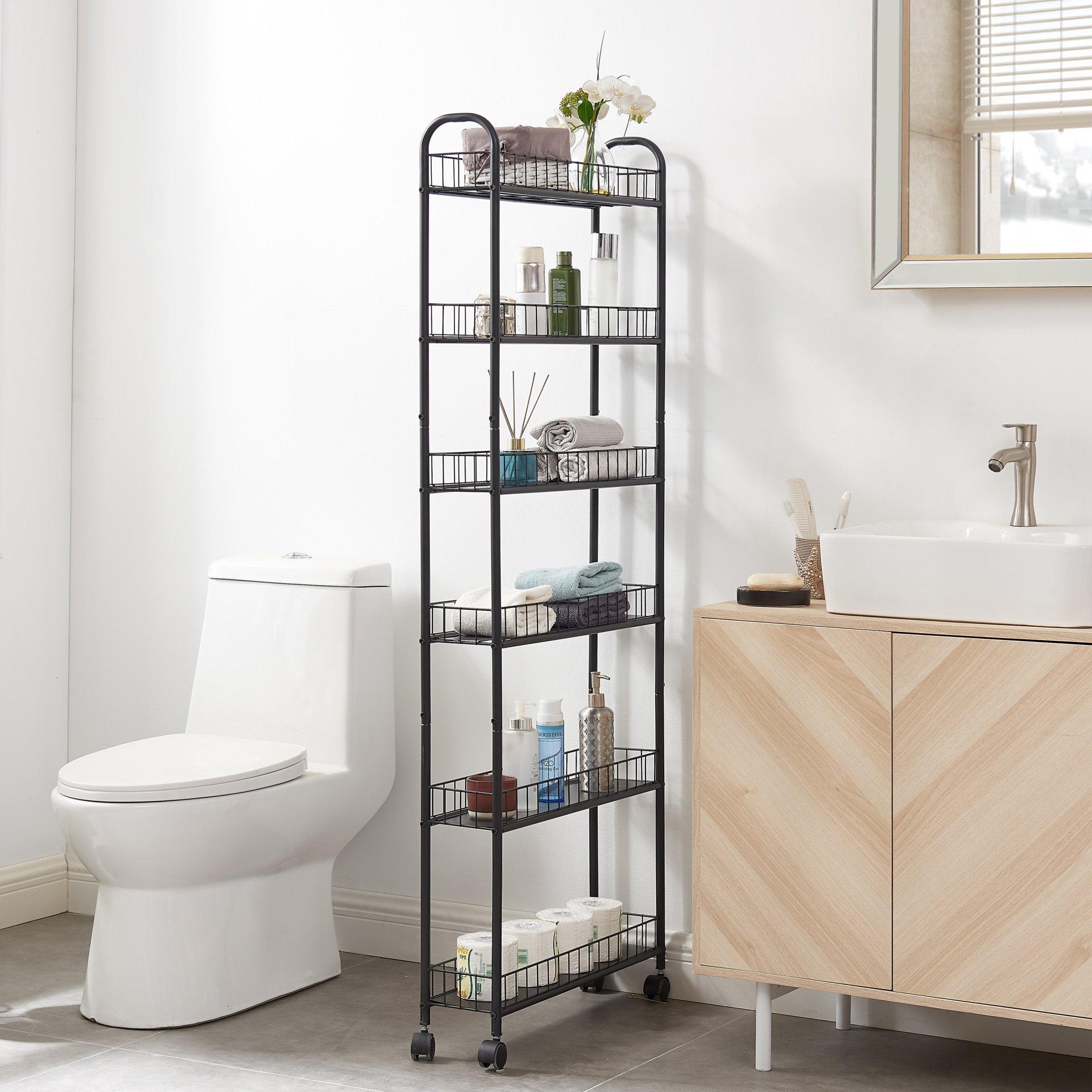 6 Tier Rolling Cart Gap Kitchen Slim Slide Out Storage Tower Rack With Wheels, 6 Baskets, Kitchen, Bathroom Laundry Narrow Piaces Utility Cart - Black - Image 4
