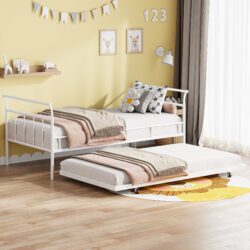 Twin Size Daybed With Curved Handle Design And Twin Size Trundle - White