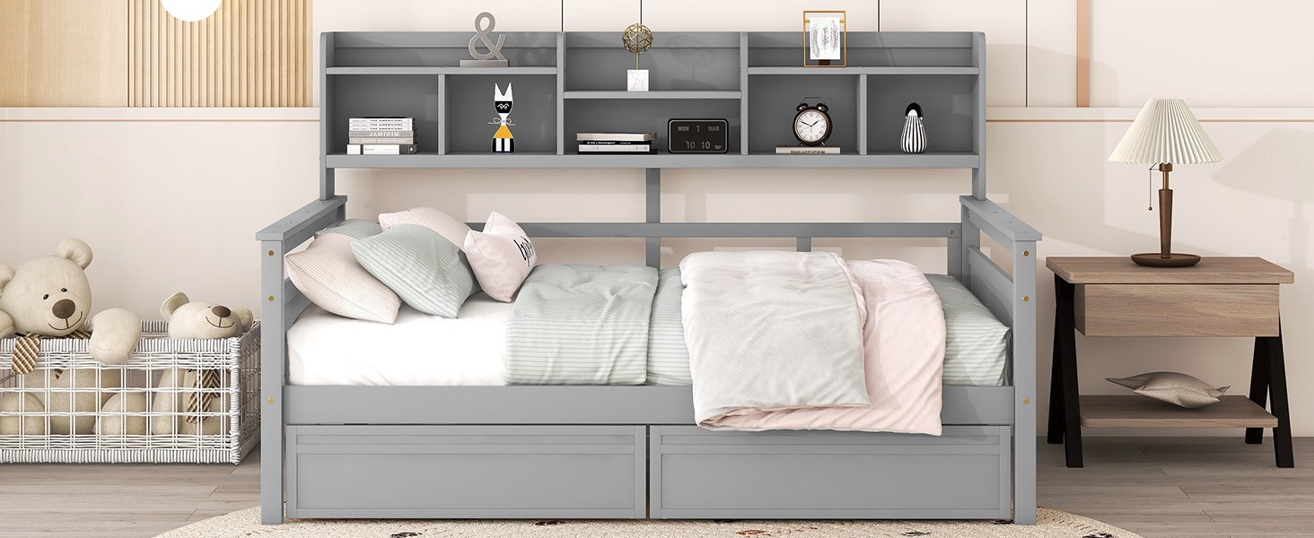 Full Size Daybed, Slat Support, With Bedside Shelf And 2 Drawers - Gray - Image 16