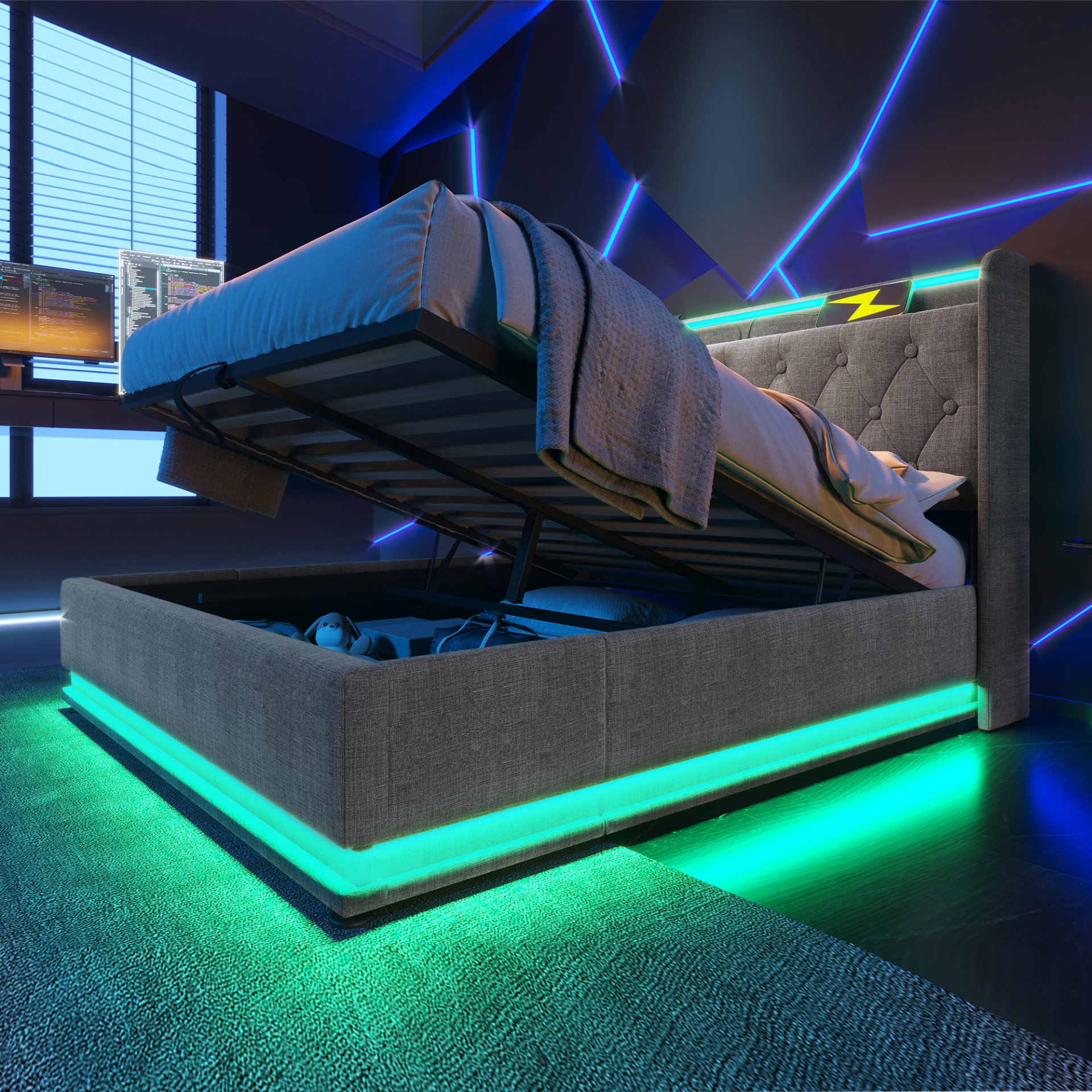 Full Size Upholstered Bed, 360 Surround LED Function, Buttons / Apps / Remote Control, Hydraulic Storage Bed With USB Type-C Charging (Without Mattress) - Gray - Image 20