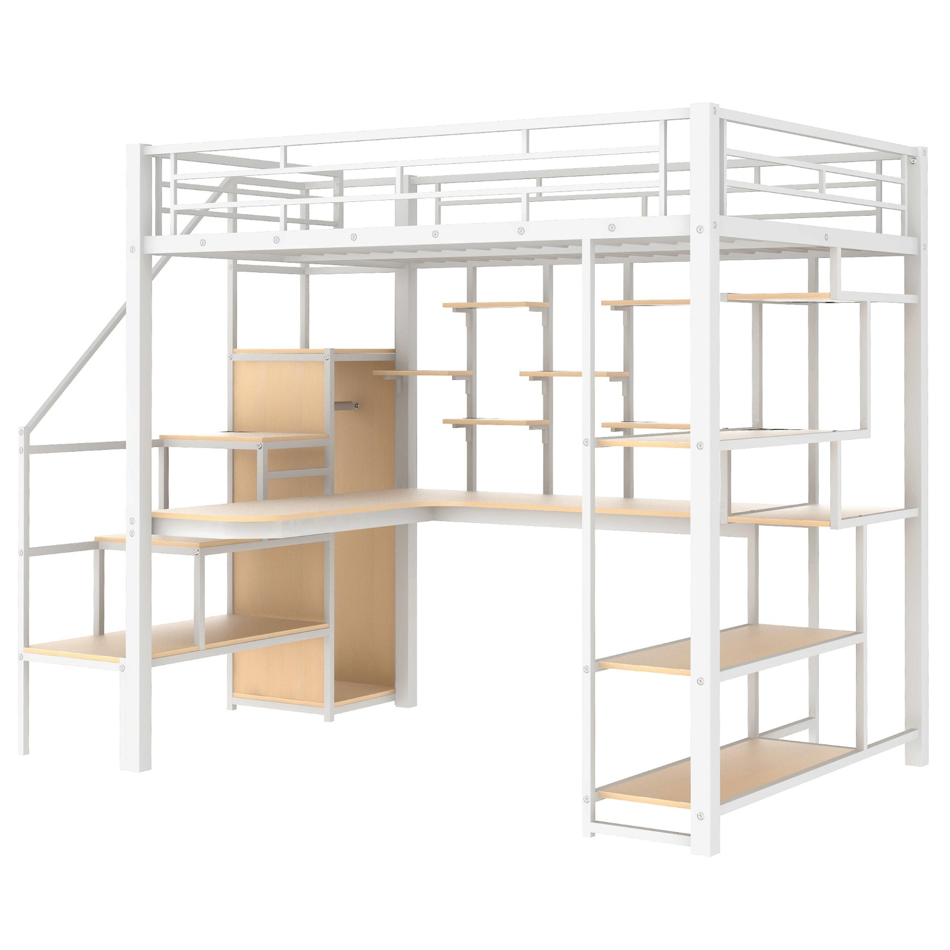 Full Size Metal Loft Bed With Storage Staircase And Small Wardrobe, Built - In Desk And Storage Shelves - White - Image 8