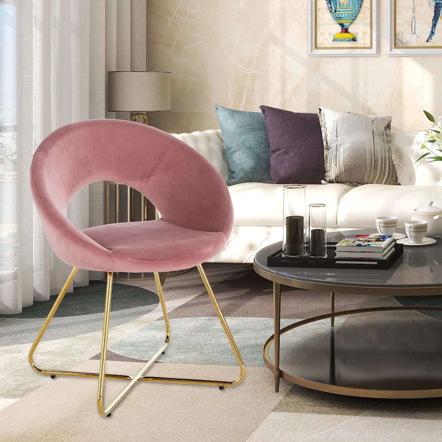 Modern Accent Velvet Chair, (Set of 2) Comfy Upholstered Arm Chair Living Room Furniture Mid-Century Leisure Chair With Metal Frame Legs - Pink - Image 6