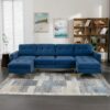 Elegant Convertible L - Shape Sectional Sofa Couch With Movable Ottoman, Velvet Upholstery - Blue - Image 3
