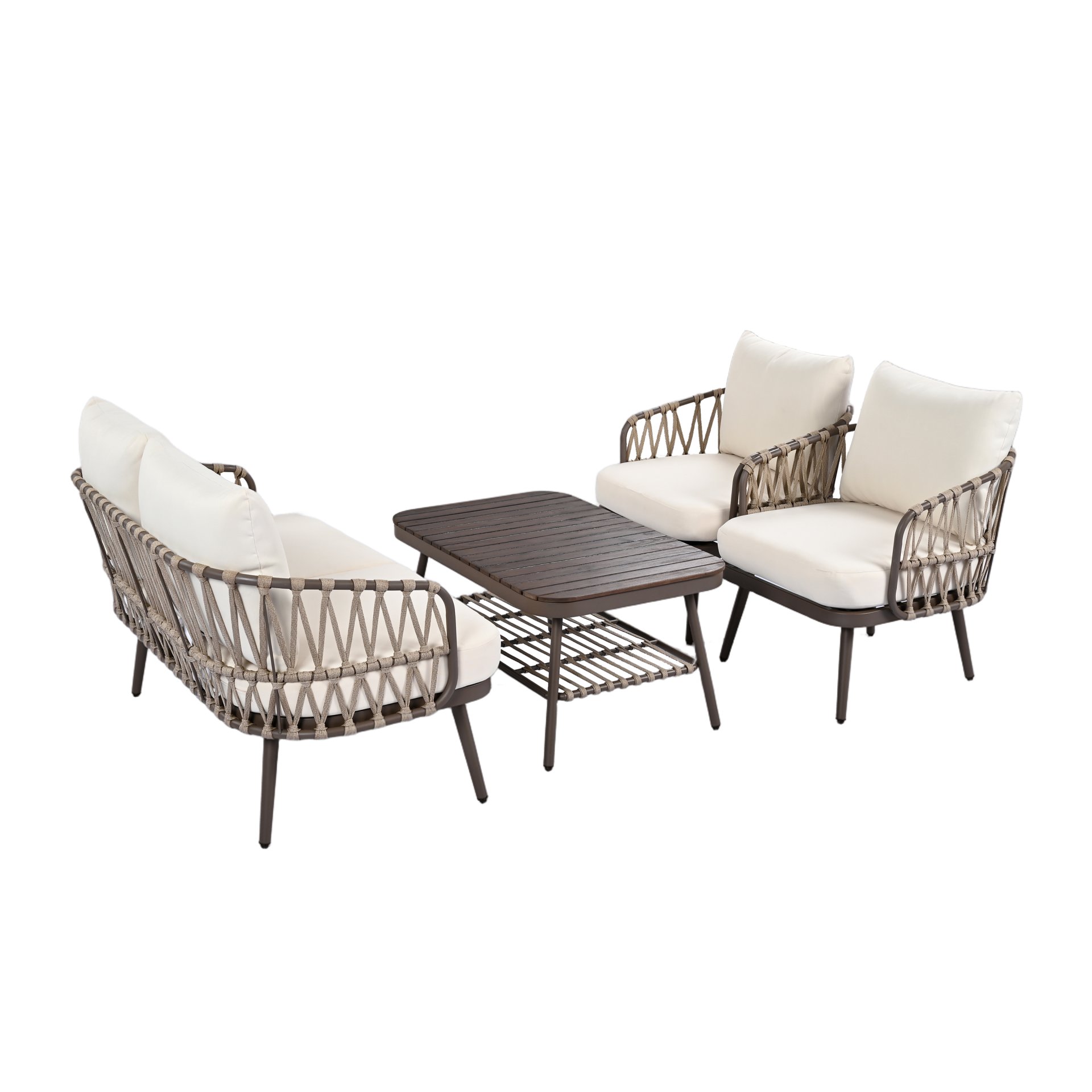 4 Piece Outdoor Patio Furniture Set, Metal Chairs With Woven Rope U Shaped Backrest, Outdoor Conversation Set With Thick Cushions And Coffee Table For Garden, Poolside, Balcony - Brown / Beige - Image 7