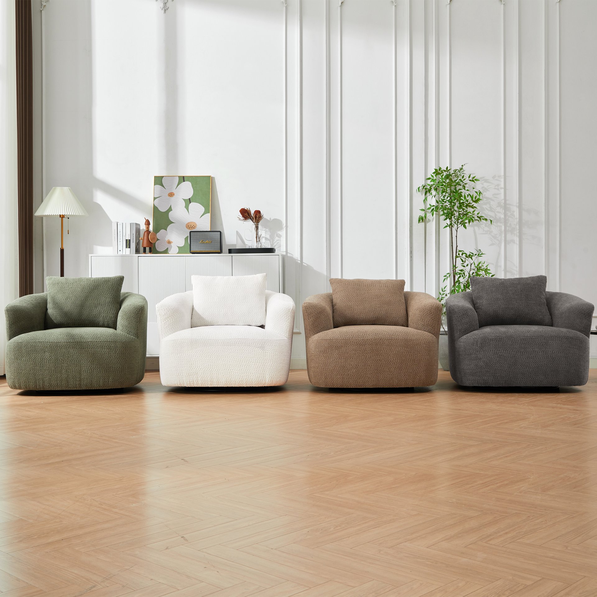 360° Swivel Barrel Sofa Chair With Throw Pillow, Chenille Upholstered Accent Chair - Beige - Image 12
