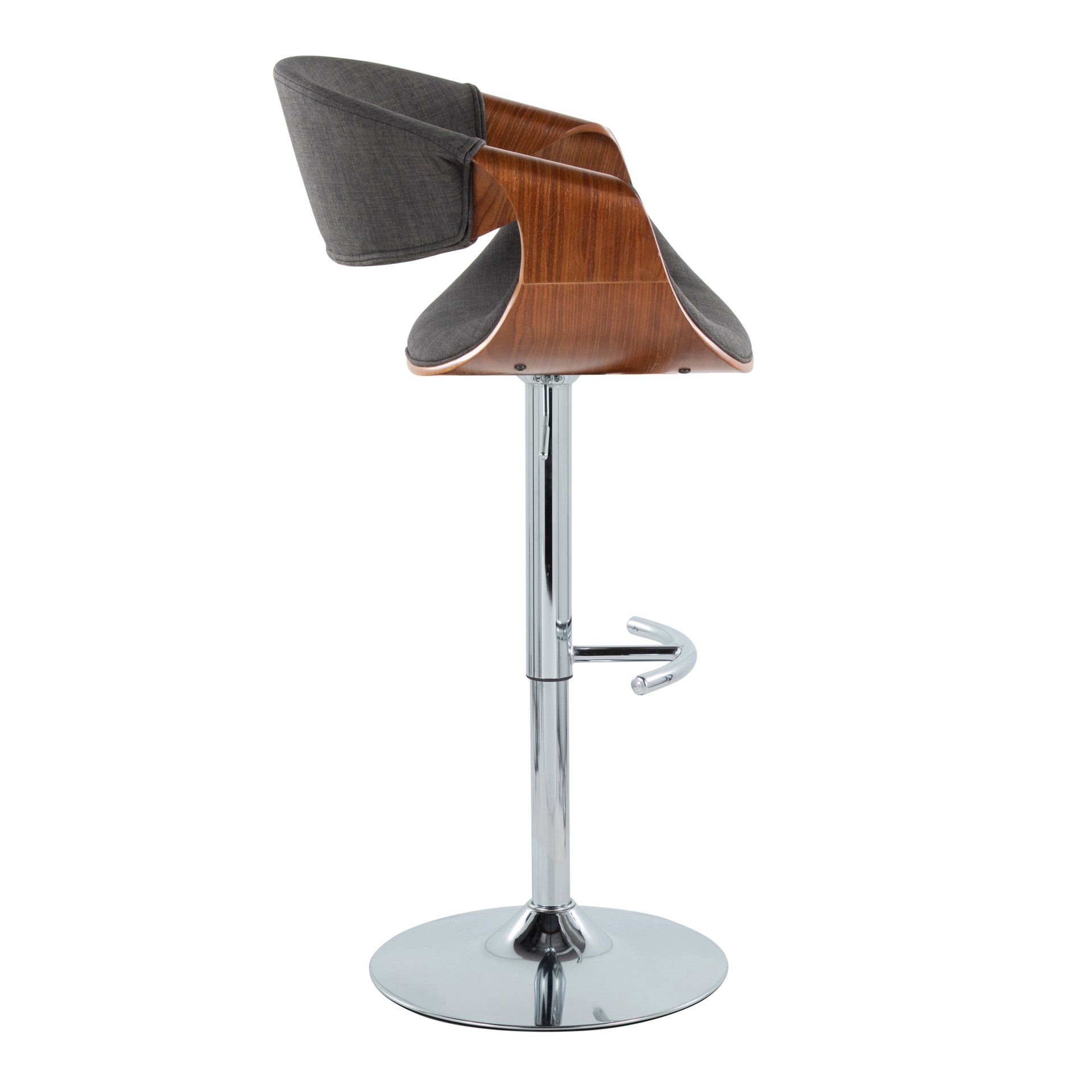 Curvo - Mid-Century Modern Adjustable Barstool With Swivel With Rounded T Footrest (Set of 2) - Chrome / Walnut / Charcoal - Image 3