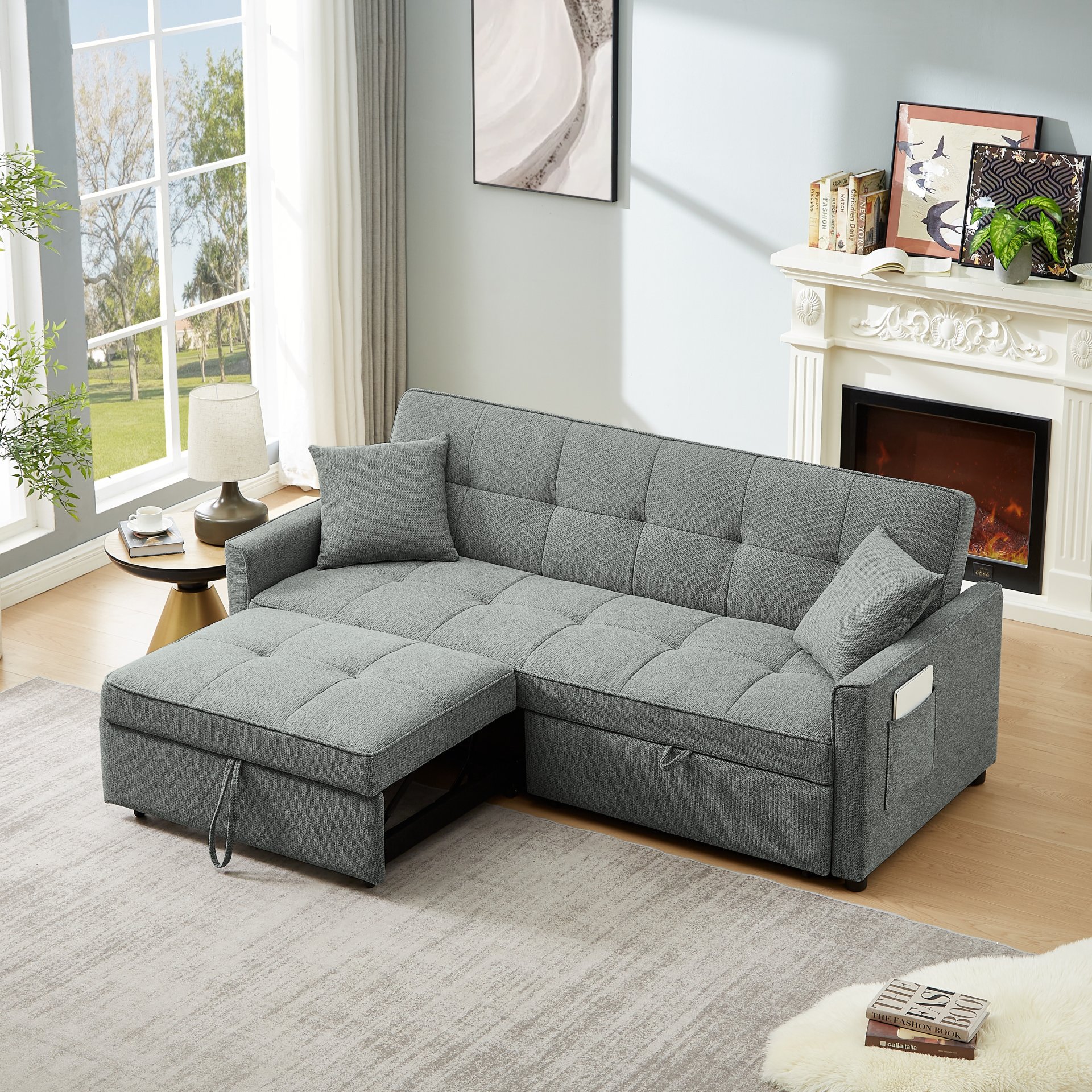 3 In 1 Convertible Sleeper Sofa Bed, Modern Fabric Loveseat Futon Sofa Couch Pullout Bed, Small Love Seat Lounge Sofa Reclining Backrest, Pillows, Pockets, Home Furniture For Living Room - Gray - Image 4