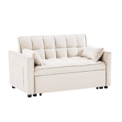 Modern Velvet Loveseat Futon Sofa Couch With Pullout Bedy Convertible Sleeper Sofa - Creamy White