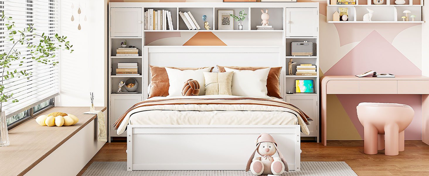 Queen Size Bed With All In One Cabinet, Shelf And Sockets - White - Image 18