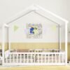 Double Twin House-Style Floor Bed With Fence, Guardrails, Without Door - White - Image 3